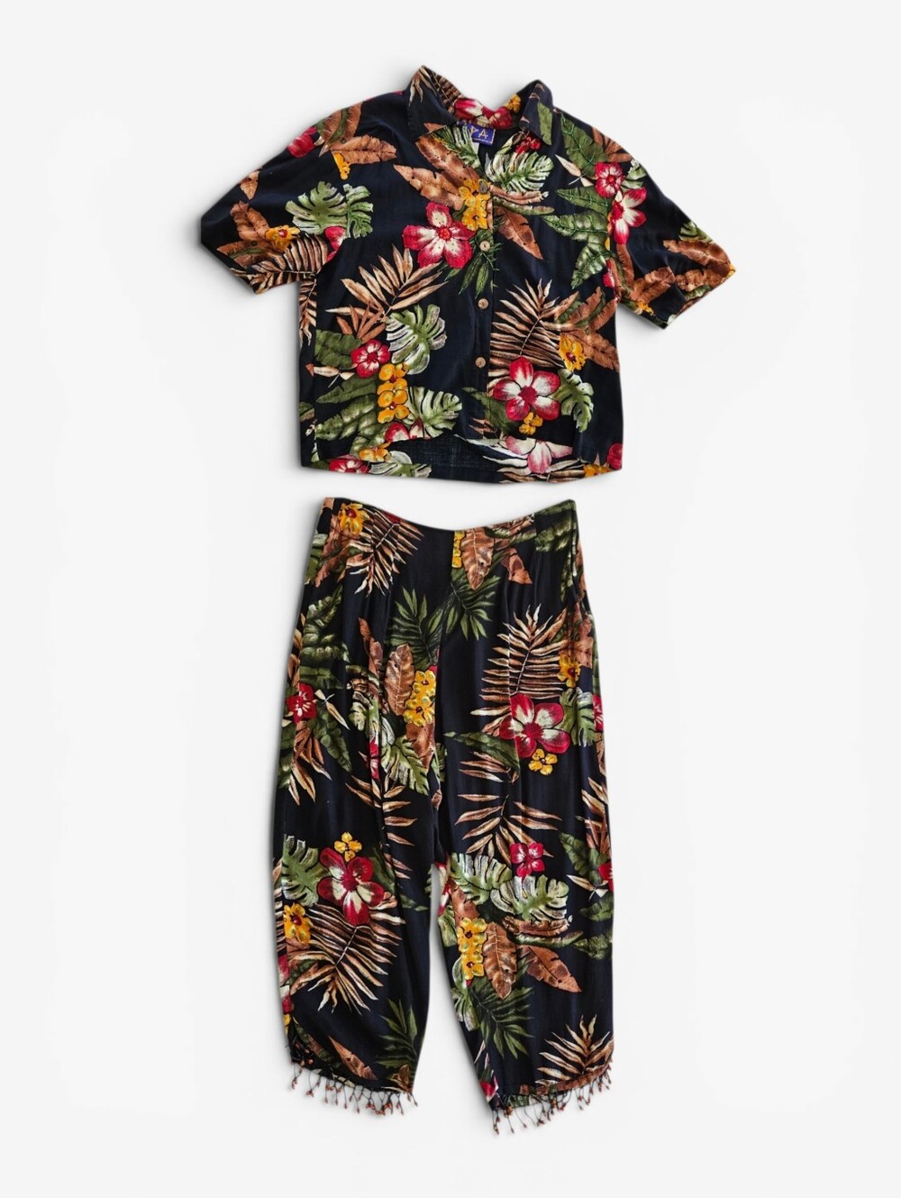 Vintage SPA Beaded Tropical Print Hawaiian Matching Shirt Pant 2 Pc Coord Set L